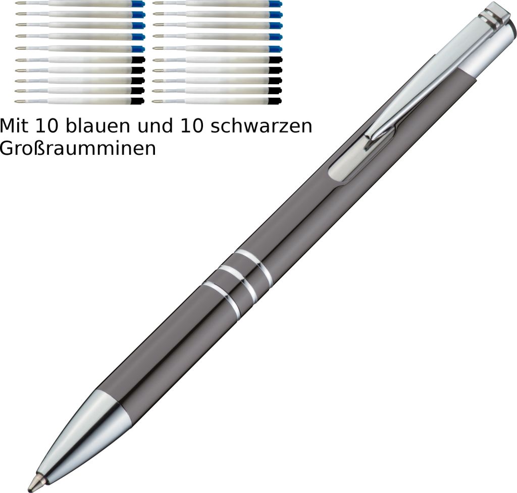 10 Kugelschreiber aus Metall / je 10 schwarze + blaue Minen / Farbe: anthrazit