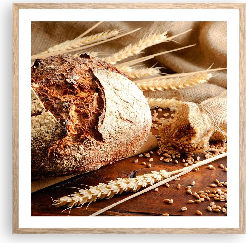 Gerahmtes Poster - Rahmen in heller Eiche - Brot Bäckerei Lebensmittel Roggen - 60x60 cm - Wand Bild - Wanddeko - Wandbilder - Wandposter - Bilder...