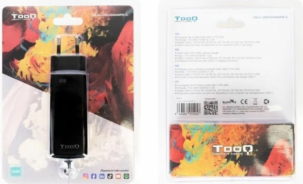 Chargeur USB-C TooQ TQLC-USBCGAN45PD-C 45W pour PC portable compact