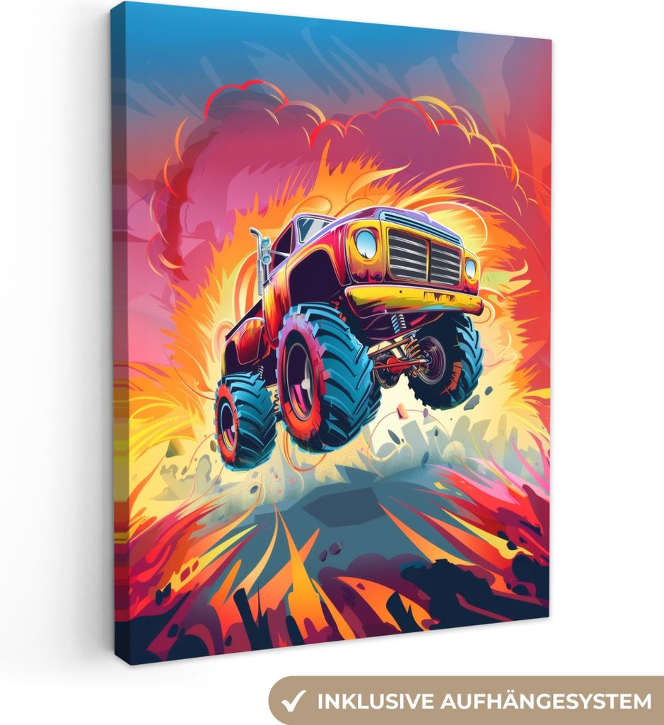 MuchoWow - Leinwandbilder - Monstertruck - Auto - Jungen - Farbenfroh, Wandbild, Wanddeko Bilder Wohnzimmer, 90x120 cm