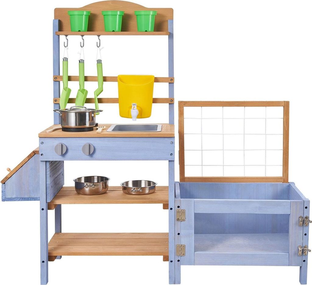 Matschküche, Matschküche für Kinder im Freien, Spielküchen aus Holz für draußen mit Pflanzkasten, Behälter zum Fangen von Tieren, Tank, Spü...