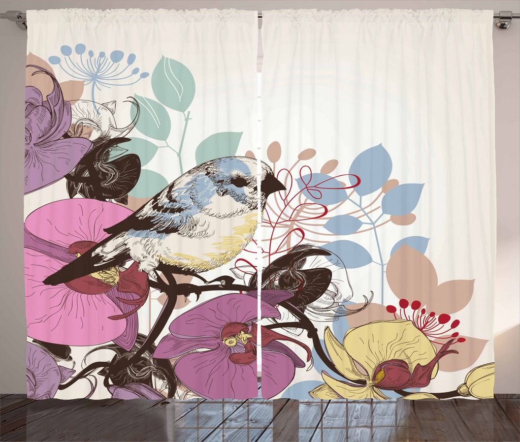ABAKUHAUS Orchideen Rustikaler Gardine, Vogel gehockt auf Blumen, Schlafzimmer Kräuselband Vorhang mit Schlaufen und Haken, 280 x 225 cm, Mehrfarbig