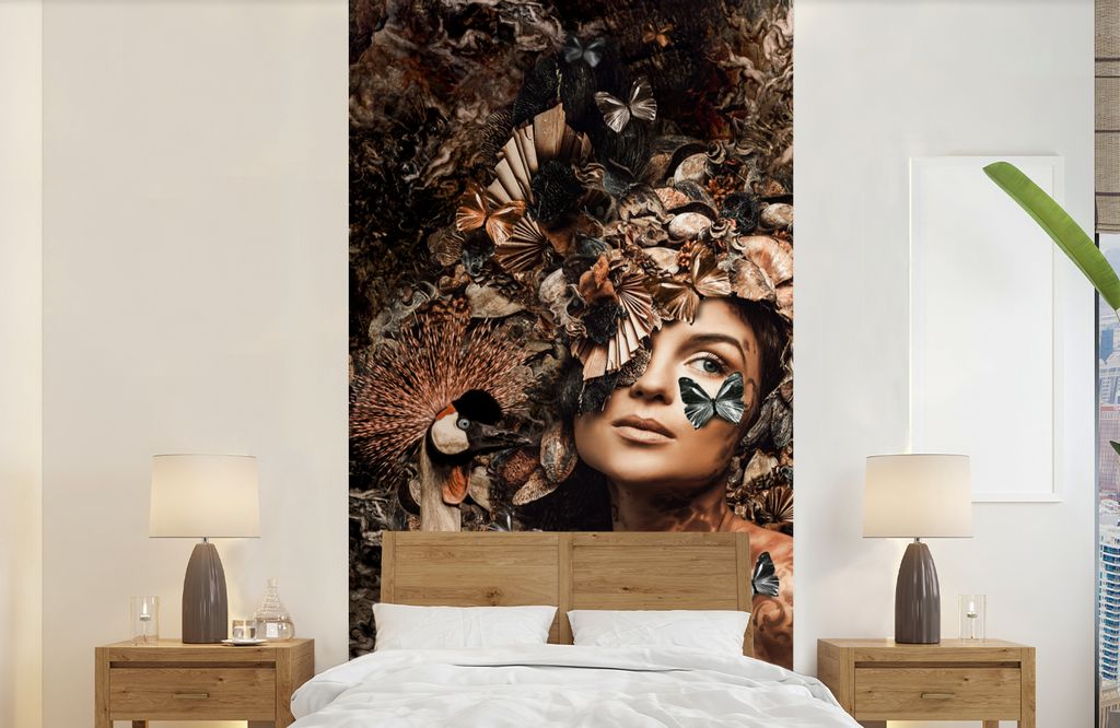 MuchoWow Fototapete für Wohnzimmer oder Schlafzimmer Wandtapete Vinyl Motivtapete Luxus - Frau - Tiere - Schmetterlinge - Vögel - 120x240 cm - ...