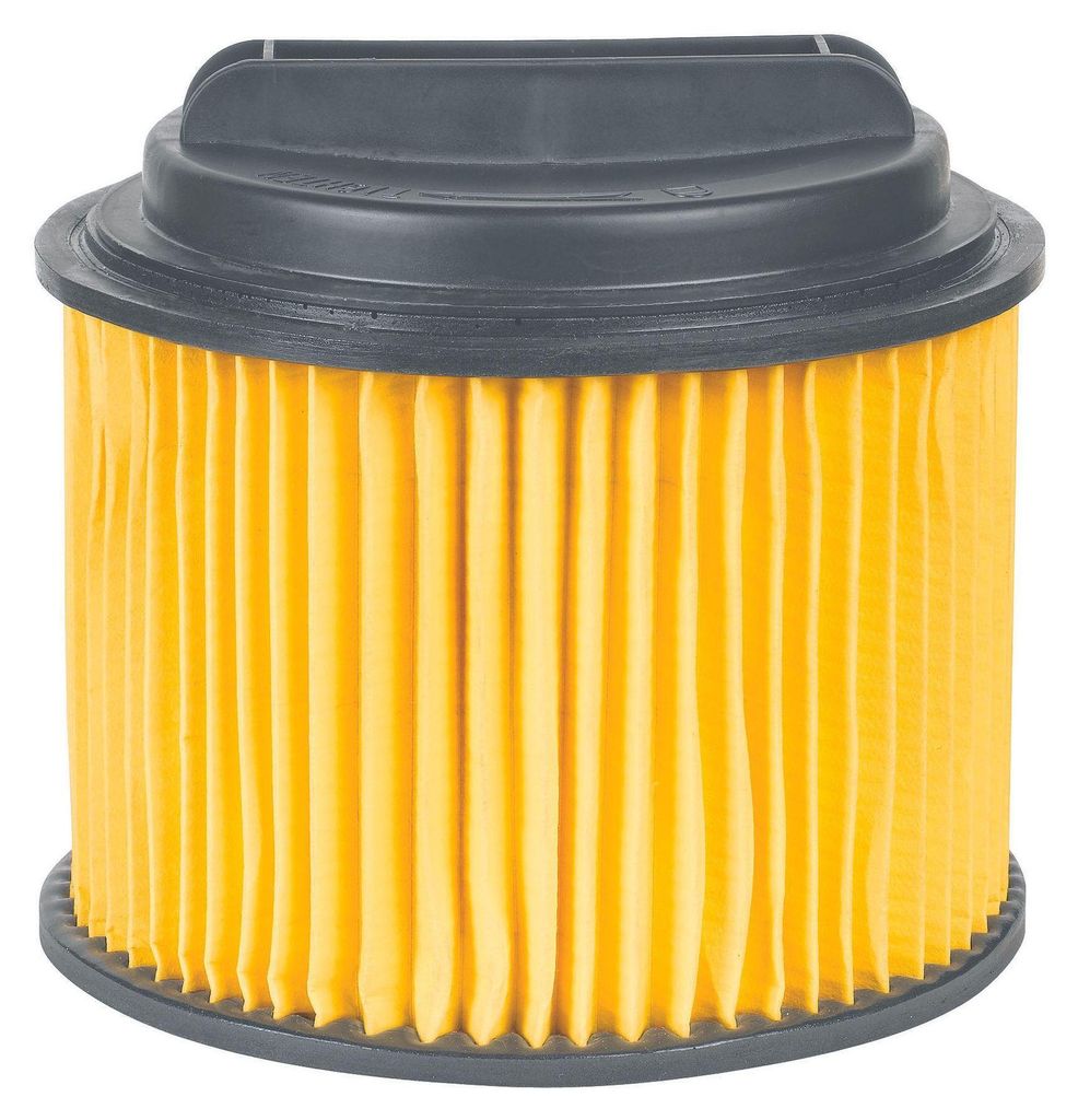 A studio shot of a yellow pleated filter with a gray lid.