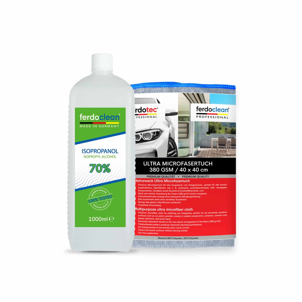 ferdoclean Isopropanol 70% 1L Isopropylalkohol (IPA) 2-Propanol + Microfasertuch 380GSM 40 x 40 cm blauer Rand