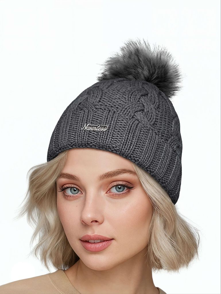 Damen Strickmütze Zopfmuster Fleccefutter Bommelmütze Pudelmütze Wintermütze Accessoires Herbst Winter Model 2213 Neverless