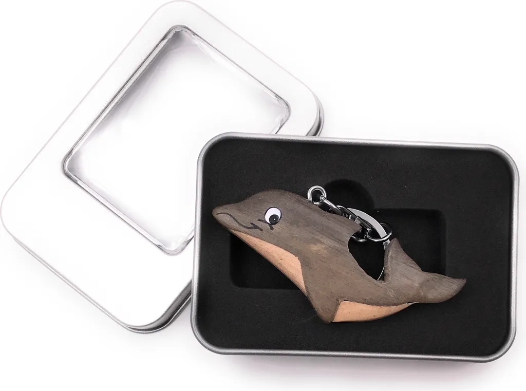 Portachiavi Legno Delfino Balena | Confezione Regalo | Mare Grigio