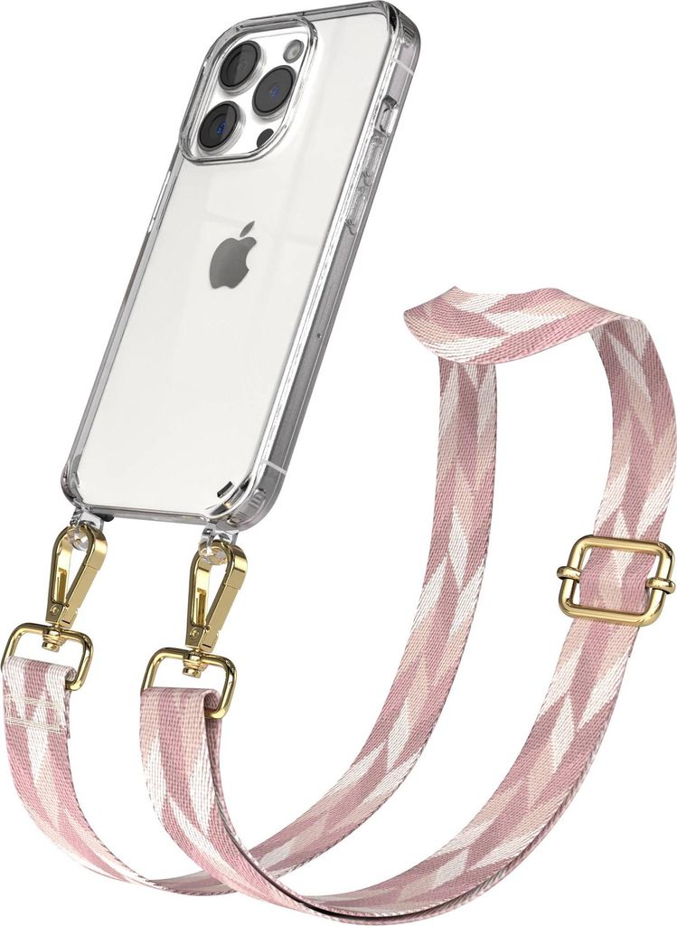 EAZY CASE Handykette - Verstellbarer Trageriemen kompatibel mit Apple iPhone 15 Pro, Handykordel mit transparenter Silikon-Hülle, Karabiner Gold, ...