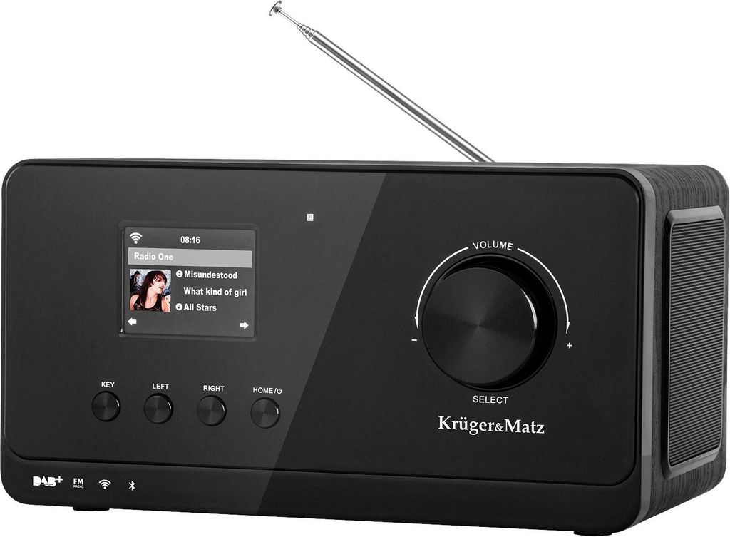 A black digital radio with a screen displaying song information and a large volume knob.