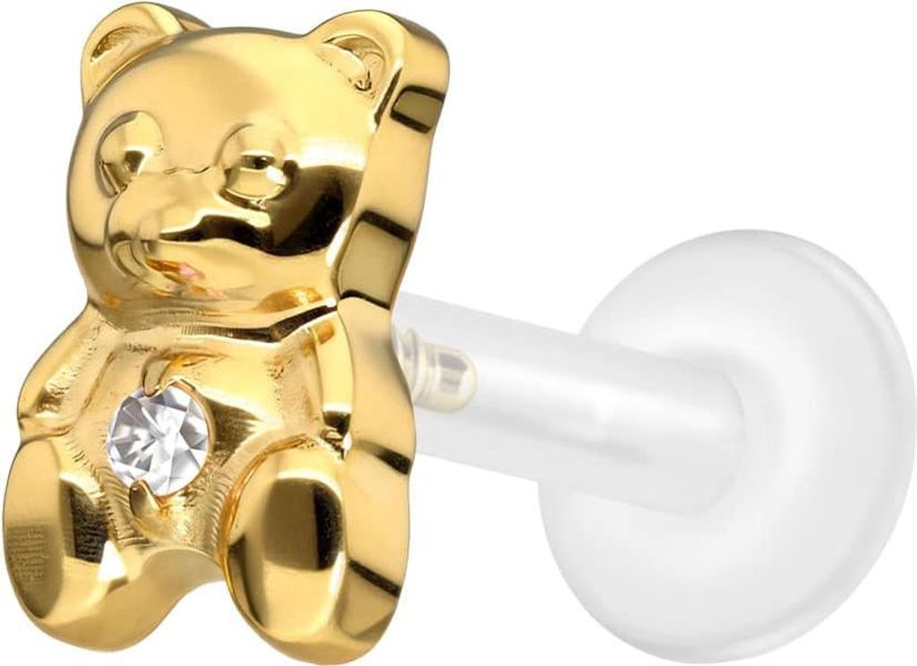 Ohrpiercing, Nasenpiercing PTFE Labret mit Innengewinde + Titan-Aufsatz TEDDYBÄR Gold Stablänge: 8mm | Stabstärke: 1,6mm