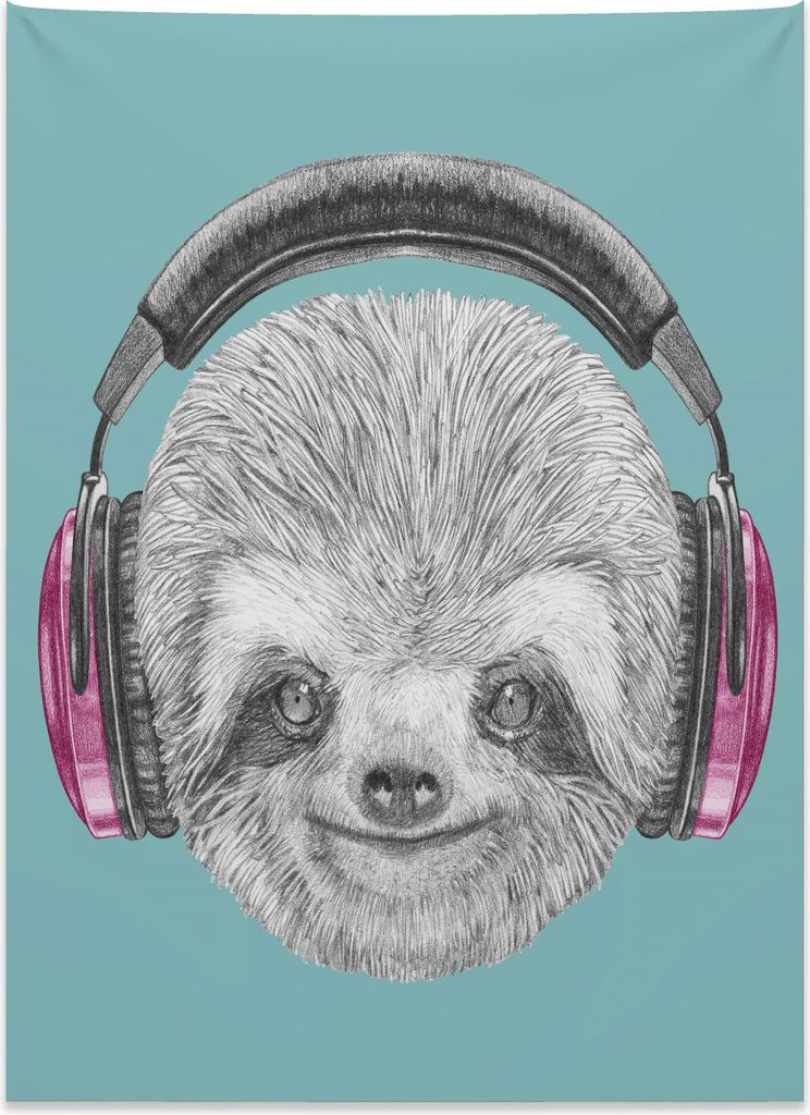 Abakuhaus Faultier Wandteppich, DJ Sloth Kopfhörer aus Weiches Mikrofaser Stoff Kein Verblassen Klare Farben Waschbar, 110 x 150 cm, Fuchsienfarbe...
