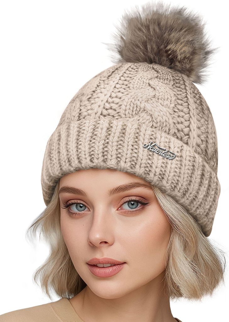 Damen Wintermütze mit Fleece Gefüttert Warm & Winddicht Strickmütze Bommelmütze Model 1980 Neverless