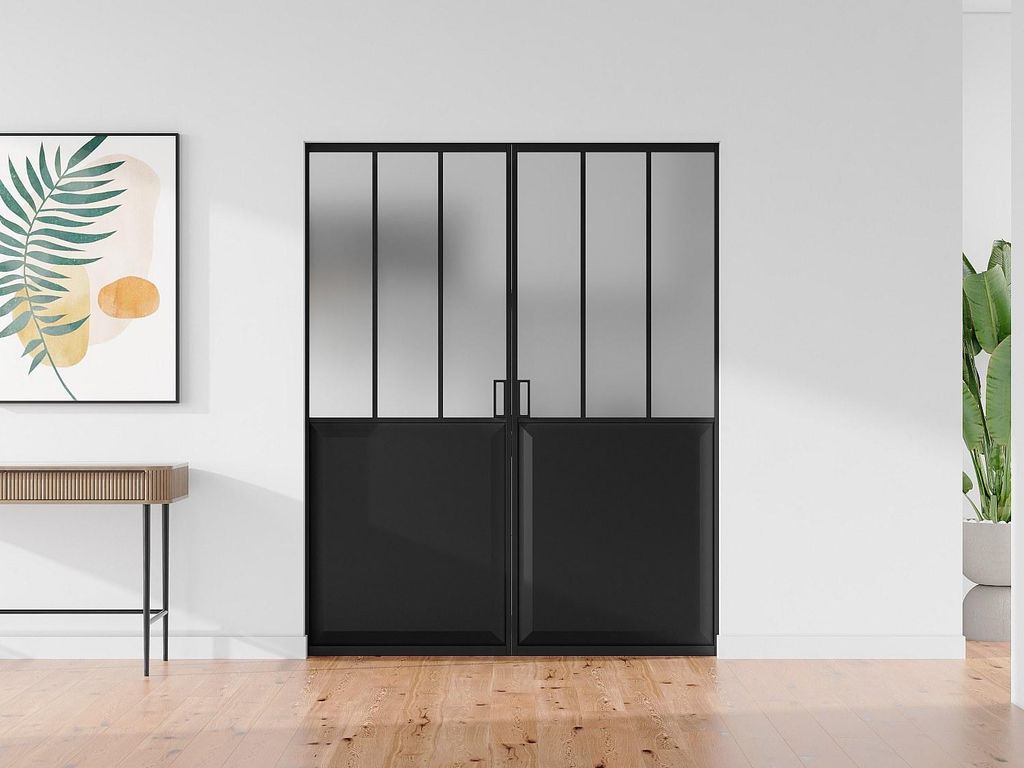 Versenkbare industrielle Doppelschiebetür - Schwarz und mattiertes gehärtetes Glas - 2 x H 205 x B 93 cm - ARTISTO II
