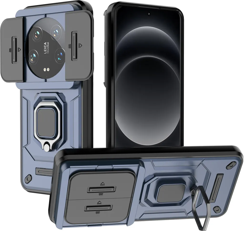 Custodia per Xiaomi 14 Ultra a doppio strato con protezione scorrevole per la fotocamera e supporto per l'anello, supporto blu