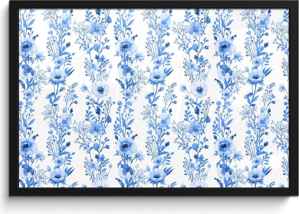 MuchoWow MuchoWow Gerahmtes Poster Blumen - Anemone - Muster - Blau 60x40 cm - Poster mit zchwarzem Bilderrahmen - Printing - Wanddeko Schlafzi...