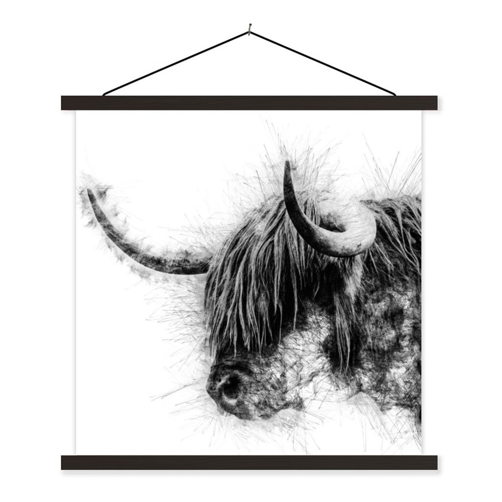 MuchoWow Textilposter Porträt Schottischer Highlander - Schwarz und Weiß 40x40 cm mit schwarzem Rahmen - Fotos