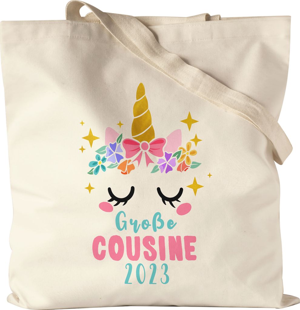 Große Cousine 2023 Jutebeutel Stoffbeutel Canvas Lieblingscousine Geschenkidee Geburtstag Einhorn Beste Cousine