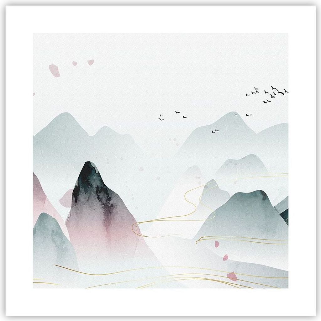 Poster - Poster ohne Rahmen - Berge Vögel Modern - 40x40 cm - Wand Bild - Wanddeko - Wandbilder - Kunstposter - Wandposter - Bilder - Kunstdruck -...