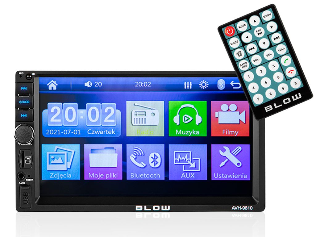 A car radio with a remote control shown against a white background.