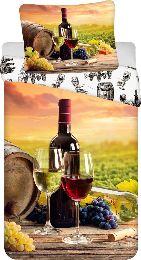 Bettwäsche Wendemotiv Wein Weinglas Weinflasche Weinfass Weintrauben Korkenzieher Bettdecke 140 x 200 + Kopfkissen 70 x 90 cm 100% Baumwolle