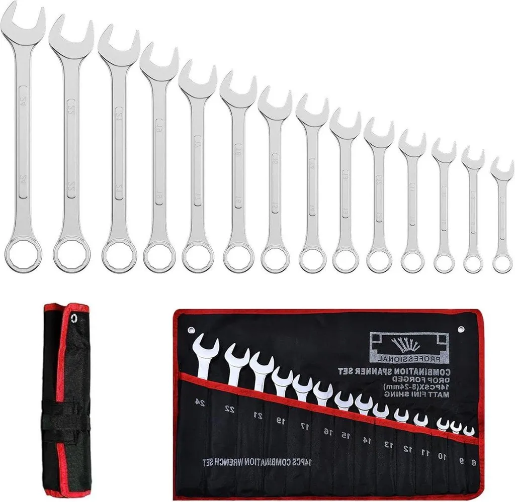 Jeu de 14 clés à cliquet plates 8-24 mm en acier chrome-vanadium robuste