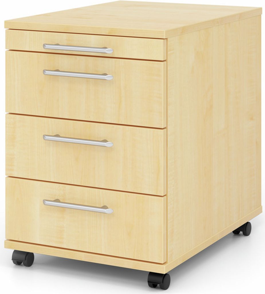 Rollcontainer Anssi | Ahorn | HxBxT 59x42,8x58cm | Relinggriff | 4 Schübe | Mit Schloss & Zentralverriegelung