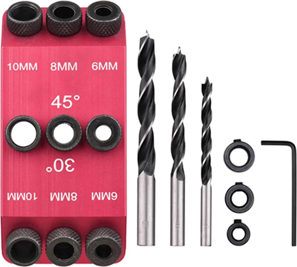 Positionneur de perçage 3 angles en aluminium et kit 3 forets bois