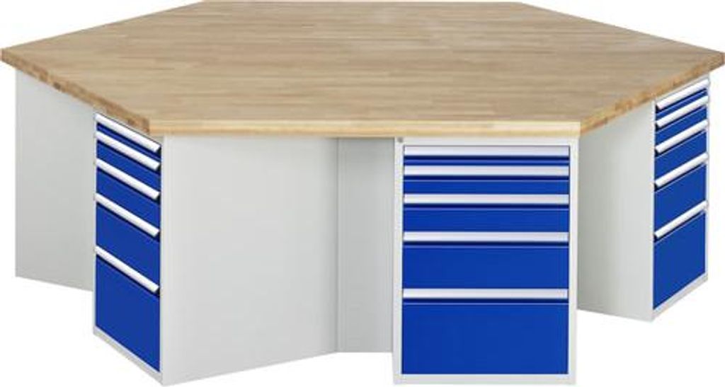 Gruppenarbeitsplätze, Gruppenwerkbank, Bucheplatte 50 mm, Höhe 850 mm, ohne Energieaufsatz, inkl. Unterbau-Container, 5 Schubladen