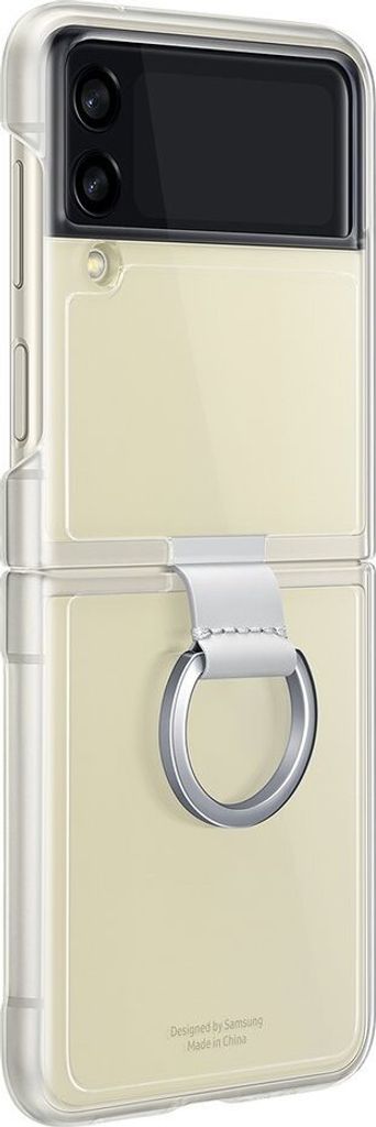 A transparent phone case with a cream-colored phone inside, featuring a ring holder.