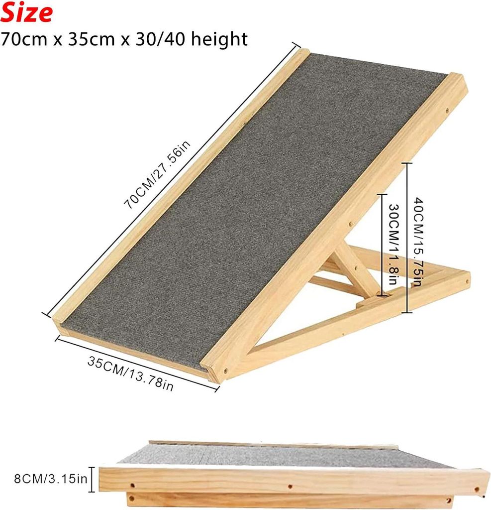 Haustier-Rampe aus Holz - Hunderampe Auto - 70×35 cm - 2 Höhen 30/40 cm - Max 150 kg - Rutschfester Teppich - Naturholz