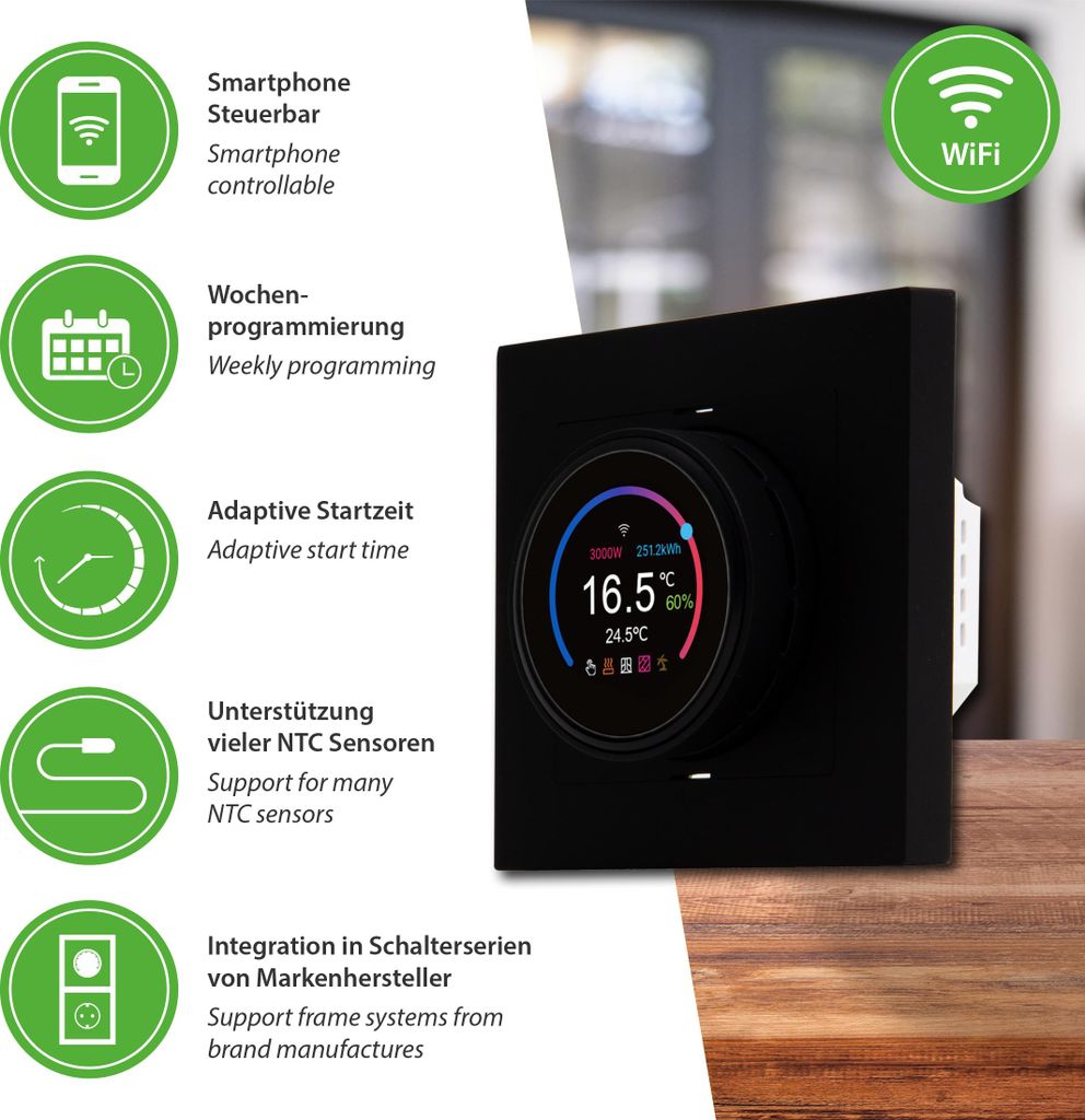 Thermostat WiFi Raumthermostat Tuya Smart App schwarz Fussbodenheizung TH11