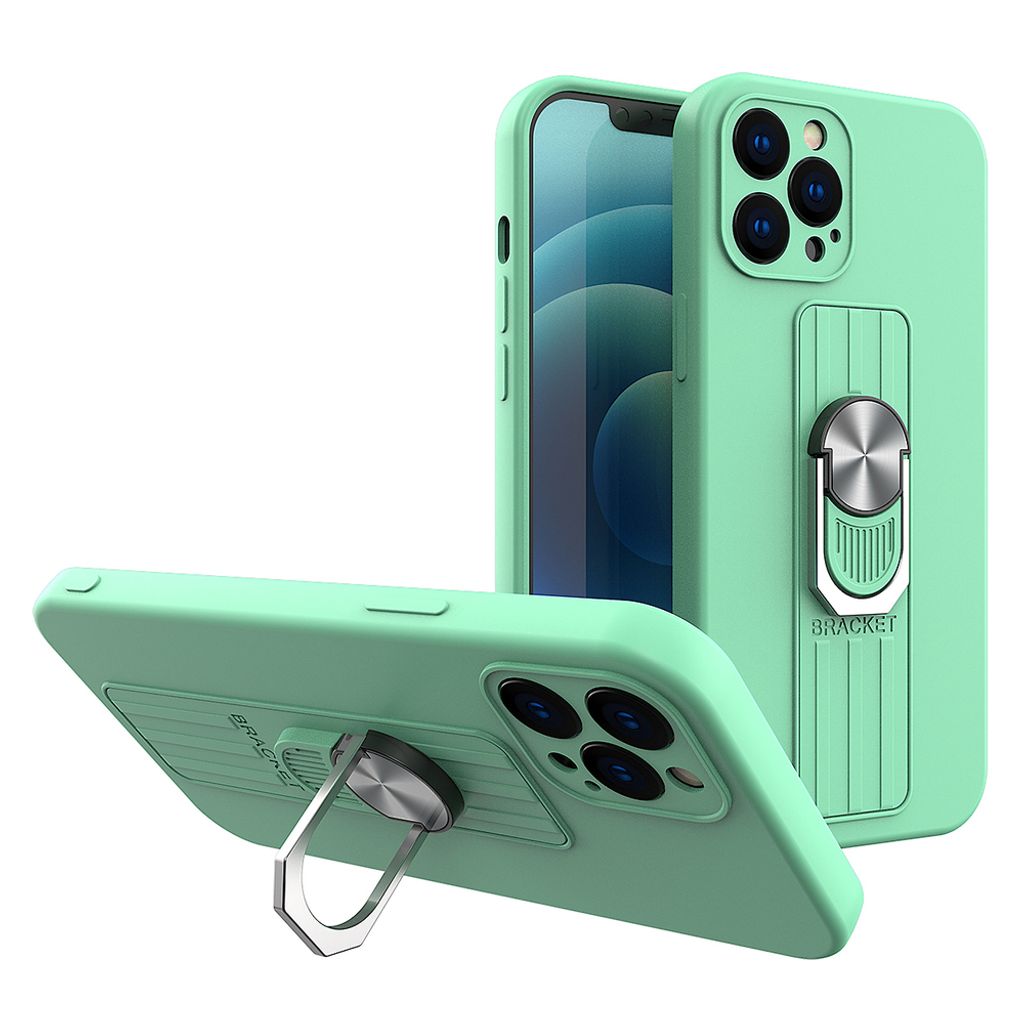 Hochwertige Silikonhülle mit Ringhalter und Ständer für iPhone 12 Pro Max in Minzgrün