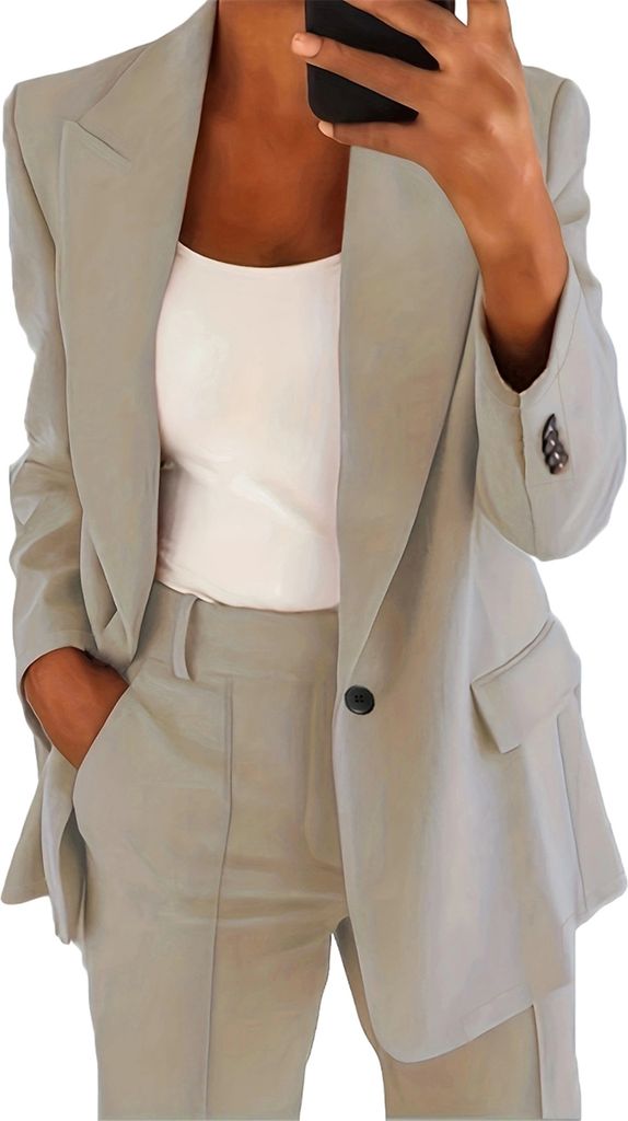 ASKSA Damen Hosenanzug Zweiteiler Slim Fit Blazer Hose Outfit Einfarbig Revers Casual Freizeitanzug, Apricot, Groesse: S