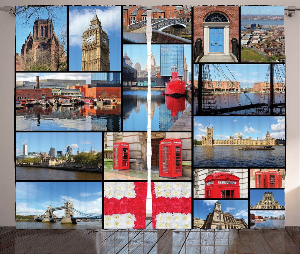 ABAKUHAUS England Rustikaler Vorhang, Stadt-Marksteine mit Blumen, Wohnzimmer Universalband Gardinen mit Schlaufen und Haken, 280 x 225 cm, Blau Rot