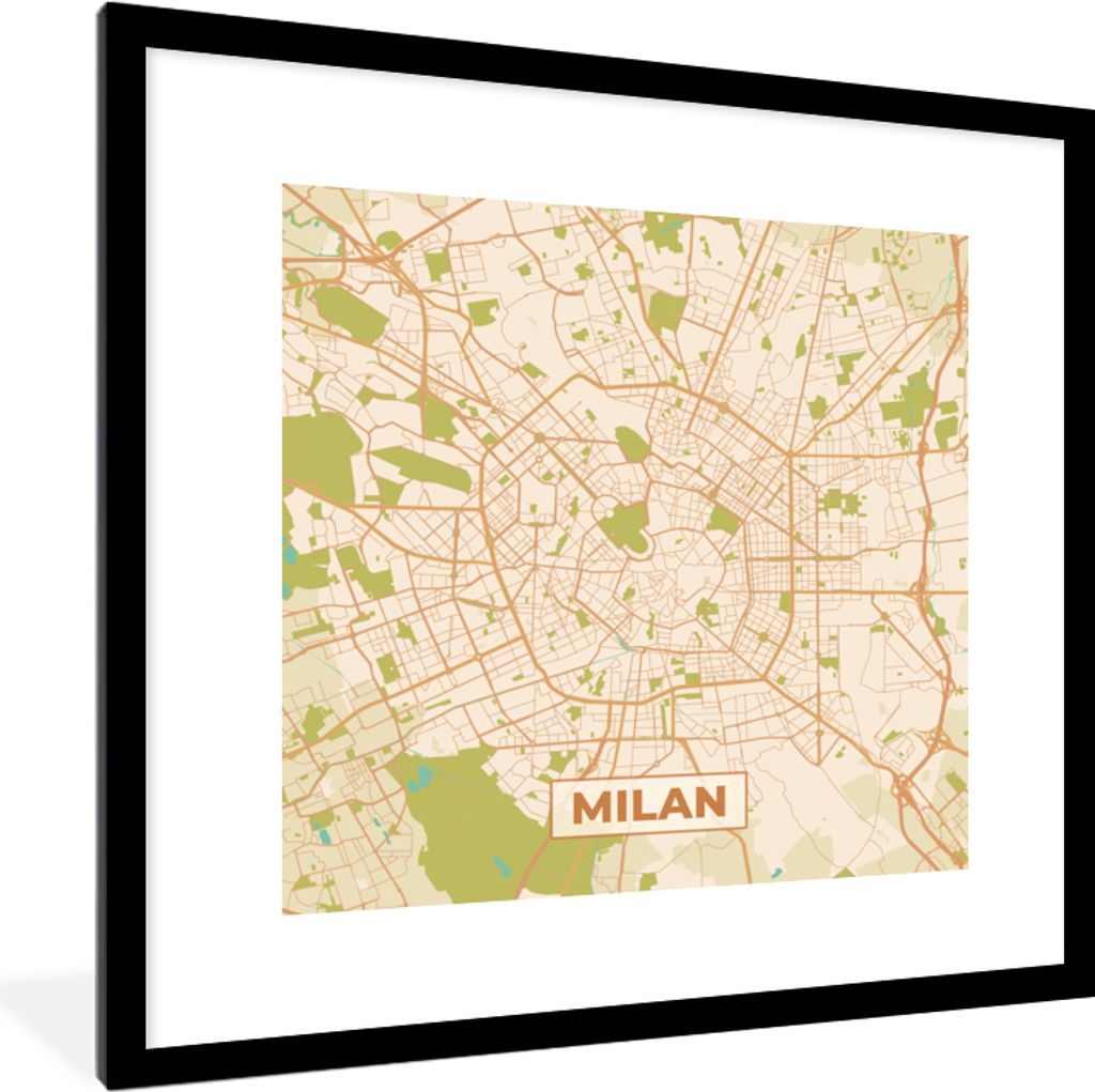 MuchoWow Gerahmtes Poster Karte - Mailand - Vintage - Stadtplan - Karte 40x40 cm - Poster mit Schwarzem Bilderrahmen Wandposter Rahmen Foto Bilde...