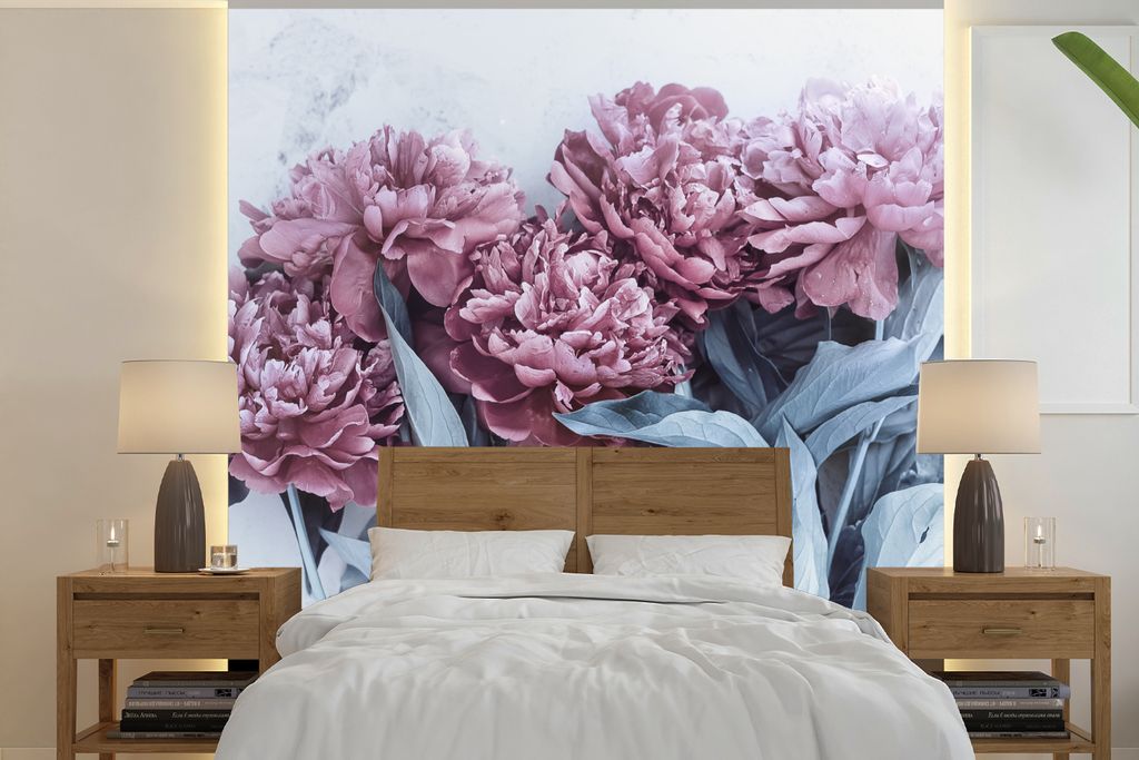 MuchoWow Fototapete für Wohnzimmer oder Schlafzimmer Wandtapete Vinyl Motivtapete Burgundische Pfingstrosen - 280x280 cm - Hintergrundbild
