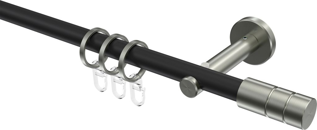 Interdeco Gardinenstange / Vorhangstange Schwarz / Edelstahl-Optik, Typ Medium Caras (Rillenzylinder), 16 mm Ø 1-läufig, 480 cm