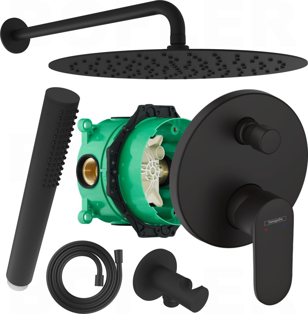 A collection of black and green bathroom fixtures, including a showerhead, hand shower, shower valve, and internal plumbing components, arranged on a white background.