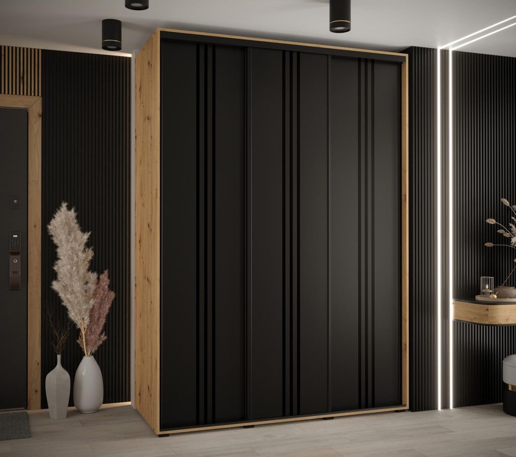 Kleiderschrank YVONA 6 - 170/60 cm, Eiche handwerklich / schwarz / schwarz