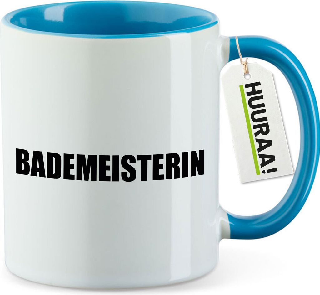 Huuraa Kaffeetasse Bademeisterin Schriftzug 330ml Blau Keramik Kaffeebecher Geschenkidee