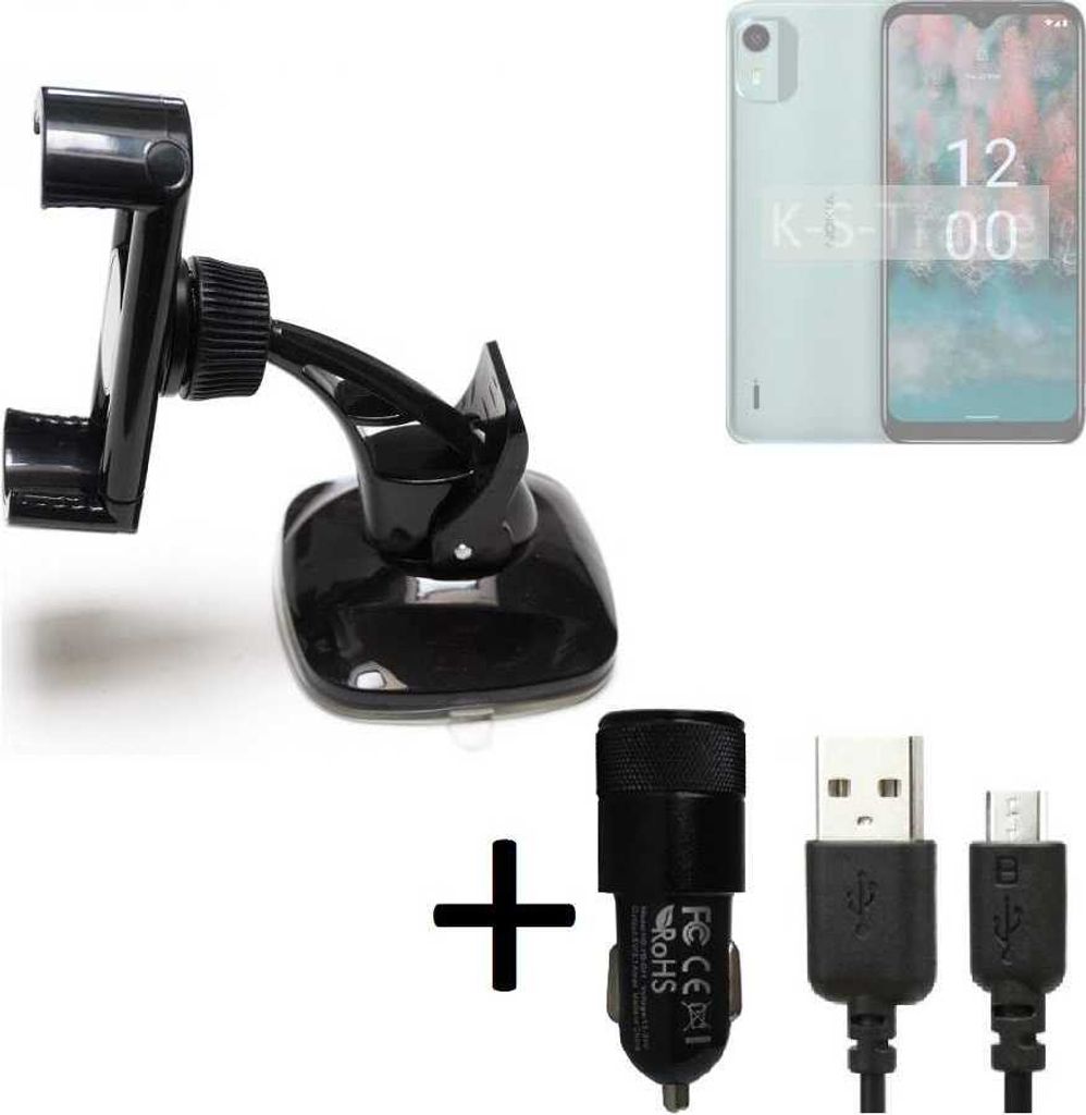 K-S-Trade Halterung kompatibel mit Nokia C12 Plus Windschutzscheibe / Armaturenbrett + LADEGERÄT mit Mico USB Kabel Autohalterung KFZ Halter