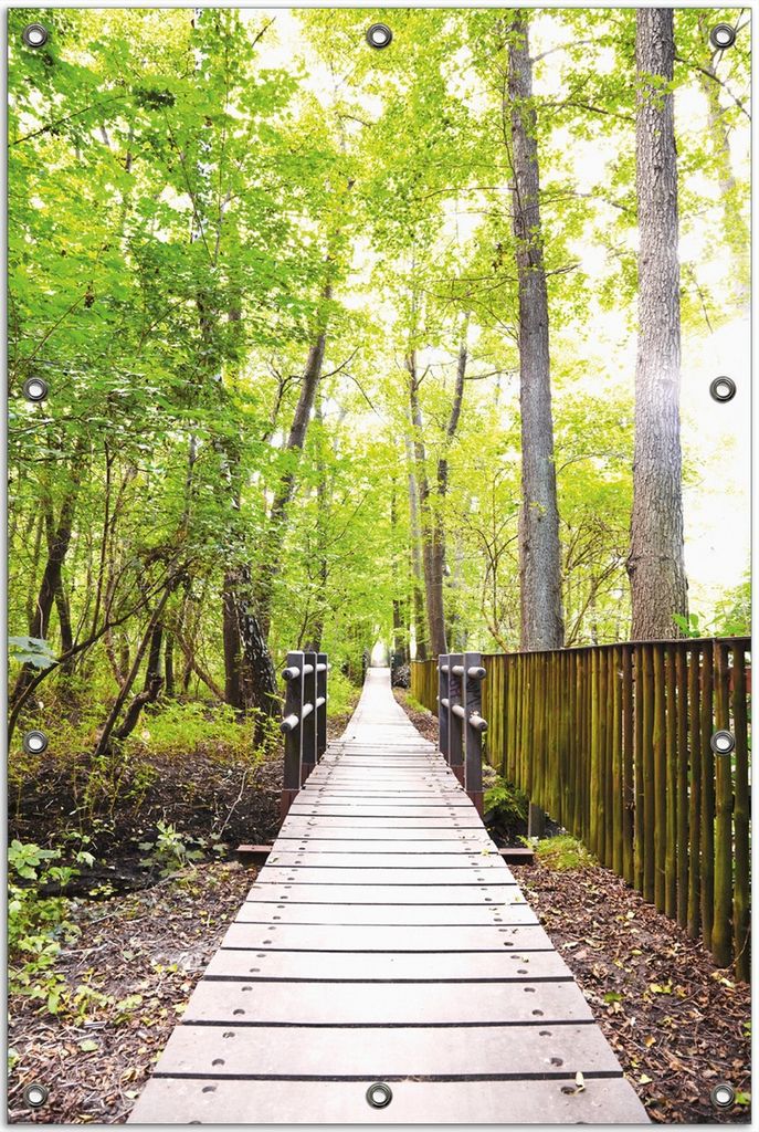 Wallario Outdoor-Poster für Garten oder Balkon, Motiv Spaziergang im Wald Holzweg über einen Fluss, in ca. 80 x 120 cm