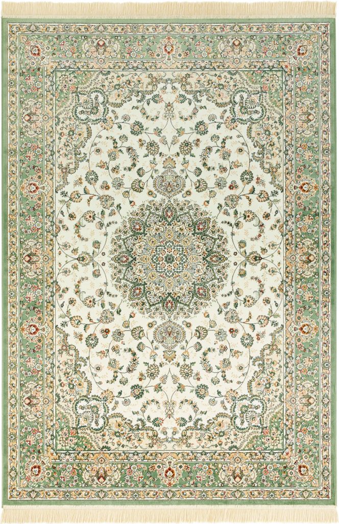 A top-down view of a rectangular rug with a traditional floral pattern.
