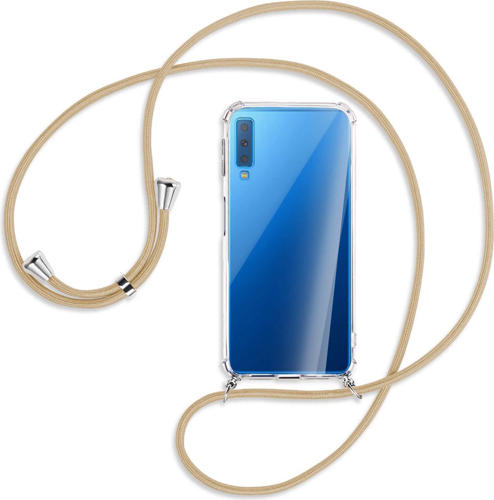Handykette Backcover-Schutzhülle mit Band (Metall silberfarben) für Samsung Galaxy A7 2018 - caramel