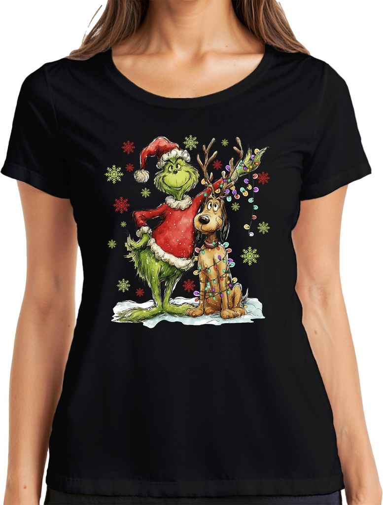 Grinch Weihnachten Rentier Lichterkette Schneeflocken Geschenk Damen T-Shirt, Schwarz, S