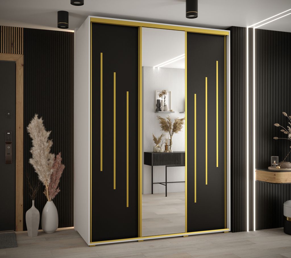 Kleiderschrank YVONA 9 – 180/60 cm, weiß/schwarz/gold