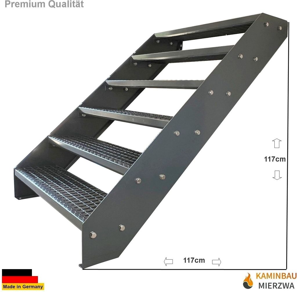 Gitterrost Stahl Wangentreppe 6 Stufen Verzinkt & Anthrazit Pulverlackiert - (L x B x H) 120cm x 140cm x 114cm