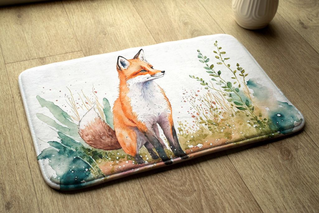 Badteppich Saugfähige - Badezimmer Teppich - Rutschfester Badvorleger Badematte - 90x60 cm - Fuchs auf einer Wiese