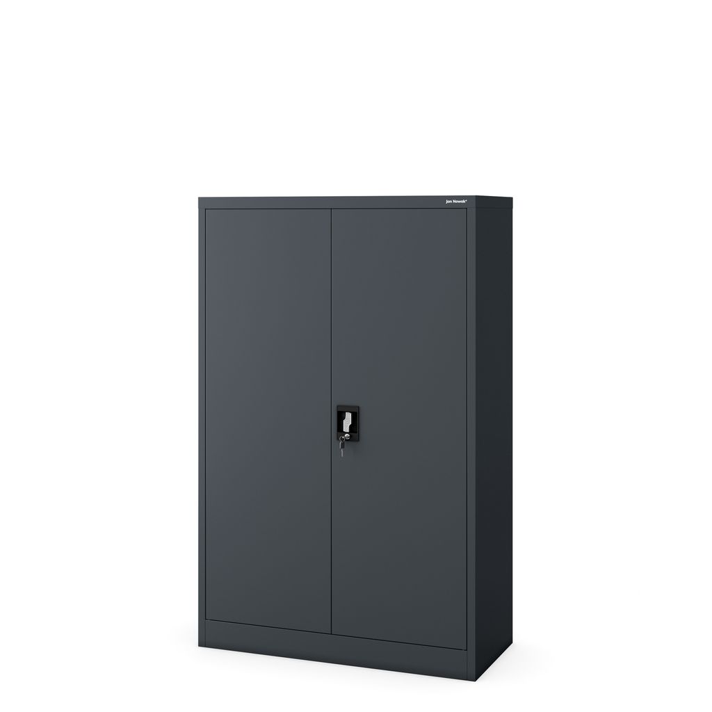 A dark gray metal filing cabinet with two doors and a lock is shown against a white background.