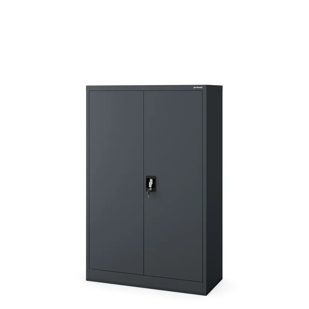 Armoire de bureau métallique à portes battantes et 3 étagères grises